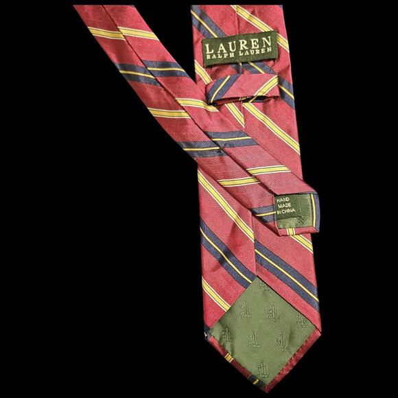 Lauren Ralph Lauren Red Yellow Navy Striped Silk Tie 3.5" Classic Necktie - Picture 4 of 4